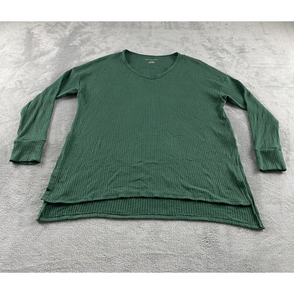 American Eagle Mens Forest Green Ribbed V-Neck Long Sleeve Top Medium High-Low